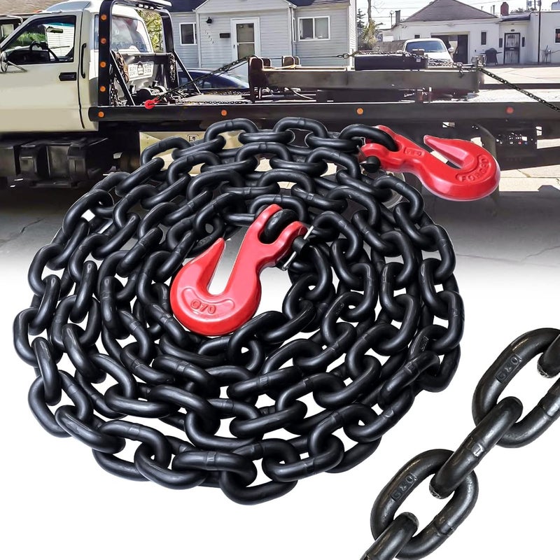 FITHOIST G80 Transport Binder Chain 3/8 Inch x 10 Foot | Tow Chain with Clevis Grab Hooks | 7,100 lbs Safe Working Load | Heavy Duty Chain for Transporting Towing (3/8'' x 10FT (Black)) - Image 1